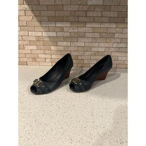 Tory Burch Emma High Open Toe Cork‎ Wedges Black Size 5.5
